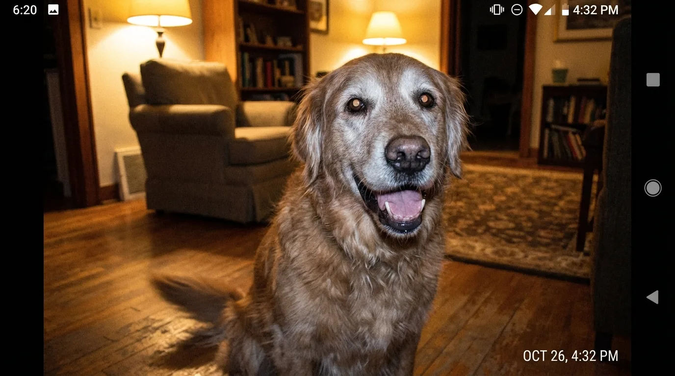 Maggie the Golden Retriever, alert and happy after cognitive improvement