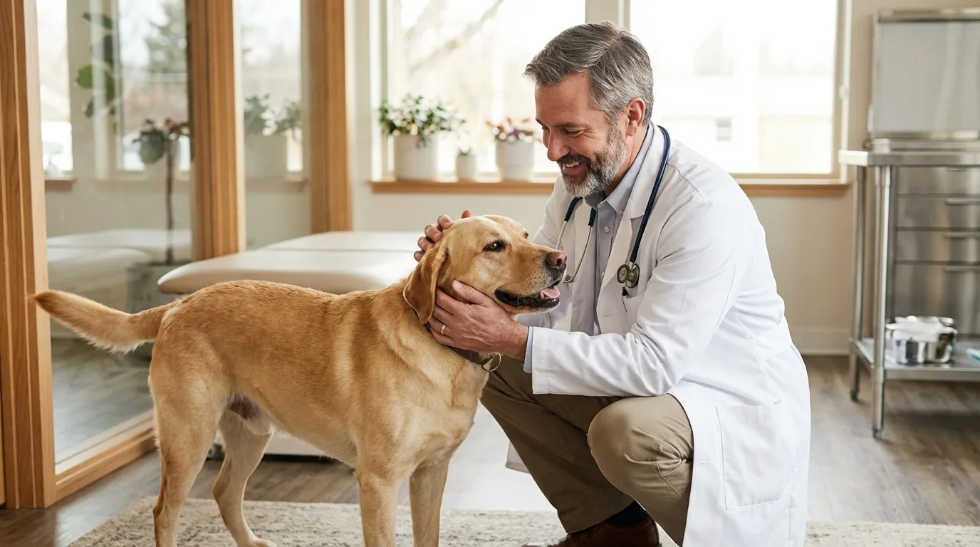 Dr. James Thornton examining a happy senior Golden Retriever at his clinic