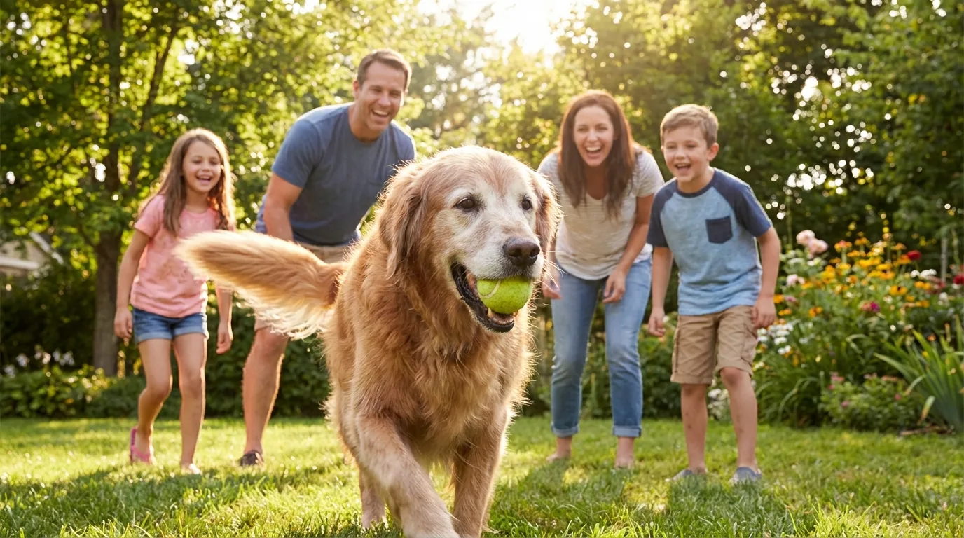 Fully transformed dog, alert, happy, engaged with family