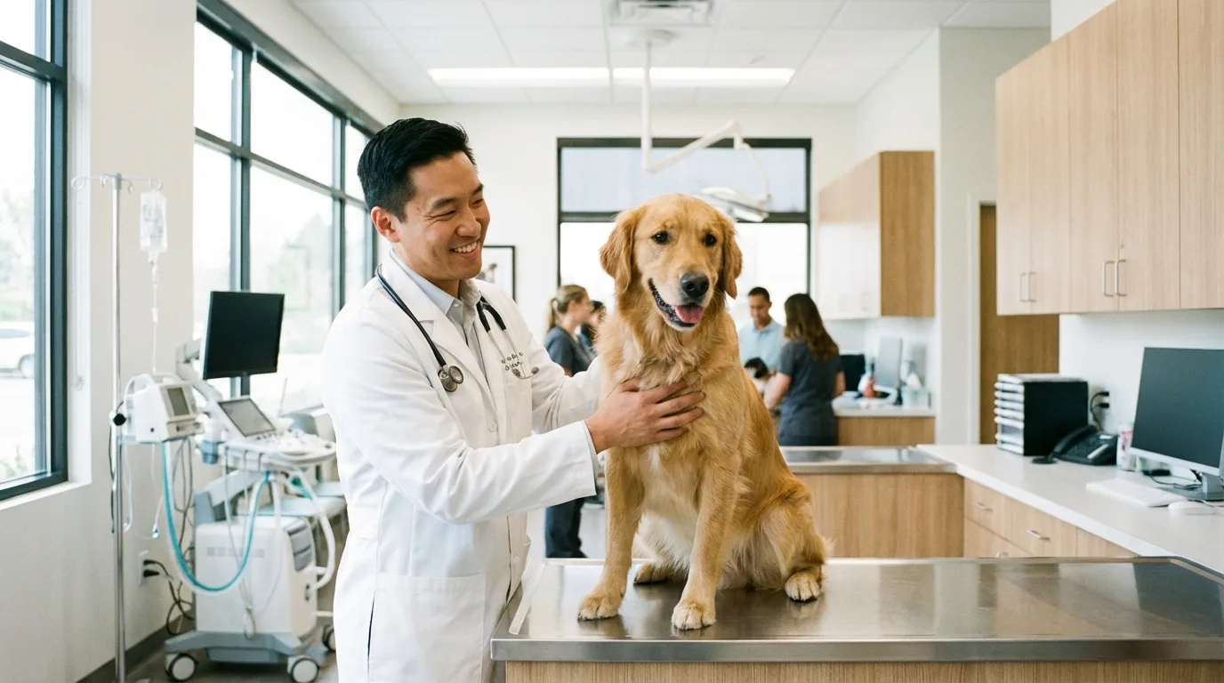 Veterinarian examining a senior dog, compassionate care